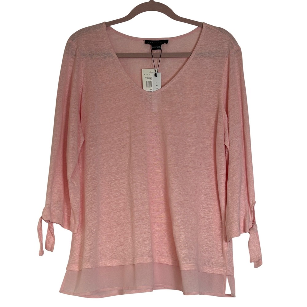 Sanctuary Women XXL Pink Linen 3/4 Tie Sleeve Sheer Trim Top‎ NWT
